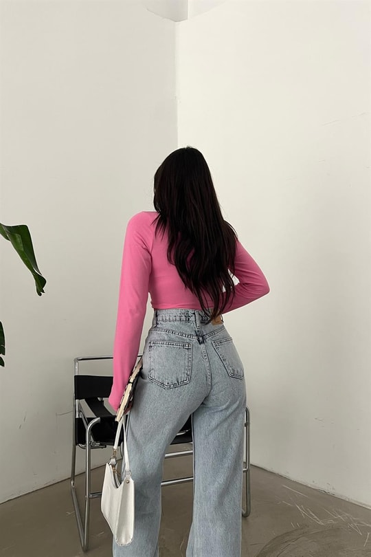 Bisiklet Yaka Basic Crop Bluz Pembe