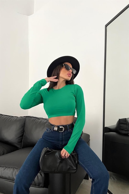 Bisiklet Yaka Basic Crop Bluz Yeşil