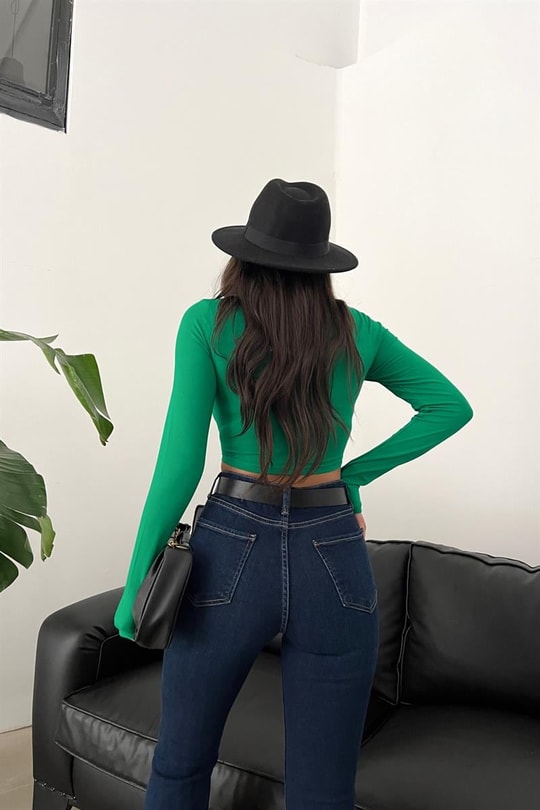 Bisiklet Yaka Basic Crop Bluz Yeşil