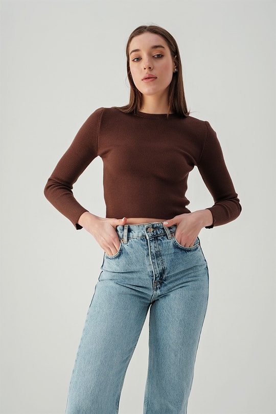 Bisiklet Yaka Crop Triko Bluz Acı Kahve