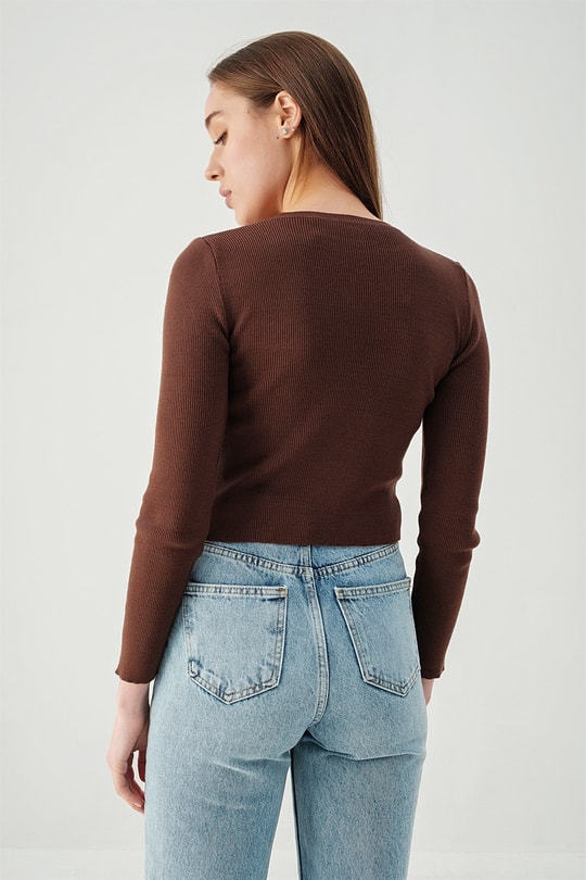 Bisiklet Yaka Crop Triko Bluz Acı Kahve