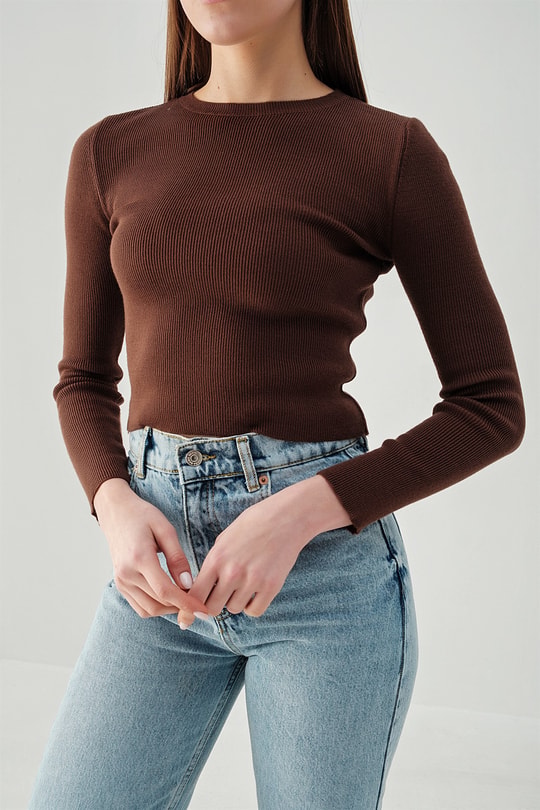 Bisiklet Yaka Crop Triko Bluz Acı Kahve