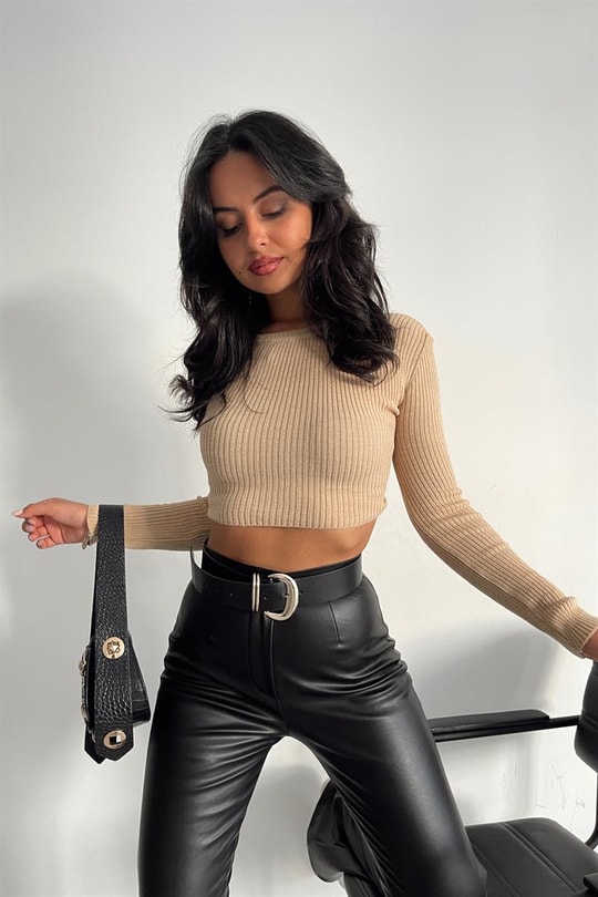Bisiklet Yaka İnce Fitilli Bluz Camel