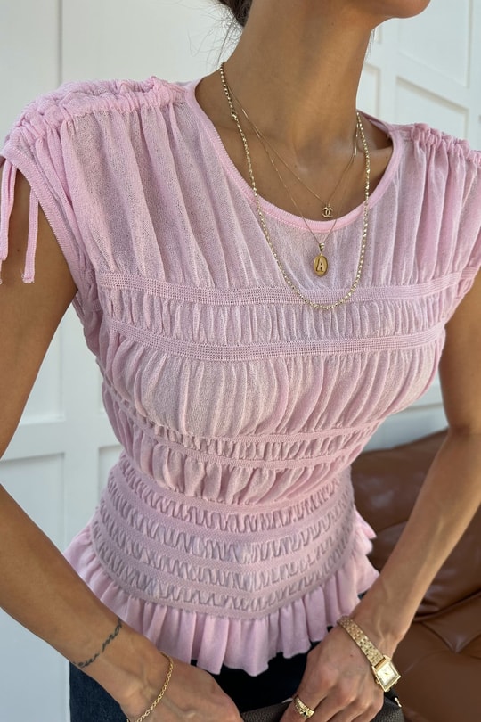 Büzgülü İnce Triko Top Pembe