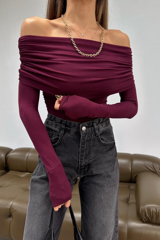 Büzgülü Madonna Yaka Bluz Mürdüm