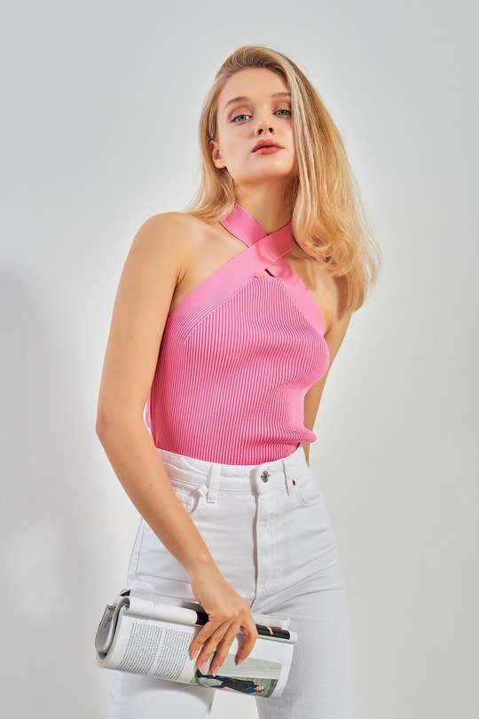 Çapraz Yaka Detaylı Triko Bluz Pembe