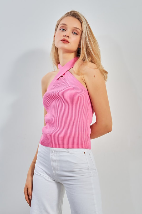Çapraz Yaka Detaylı Triko Bluz Pembe