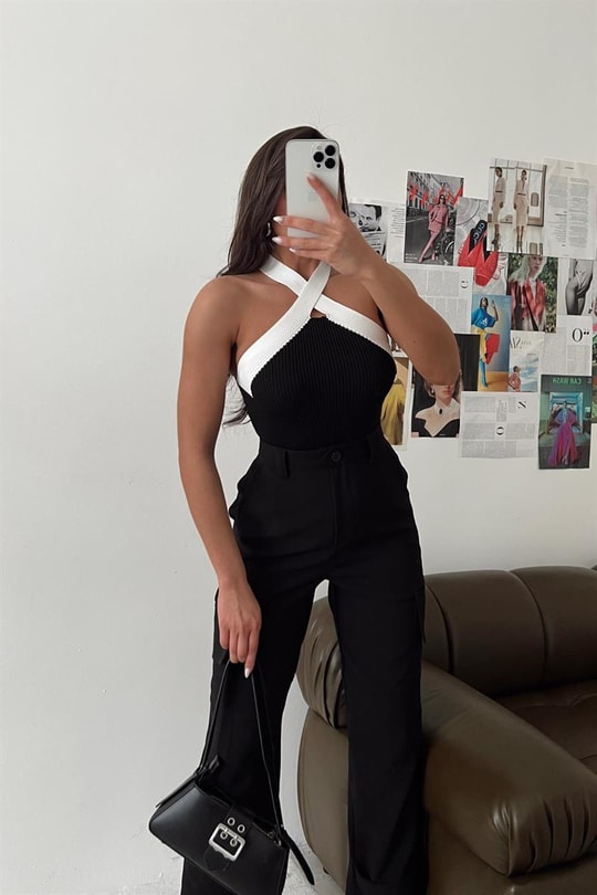 Çapraz Yaka Triko Bluz Siyah