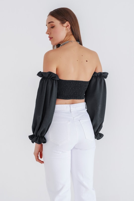 Carmen Yaka Crop Bluz Siyah