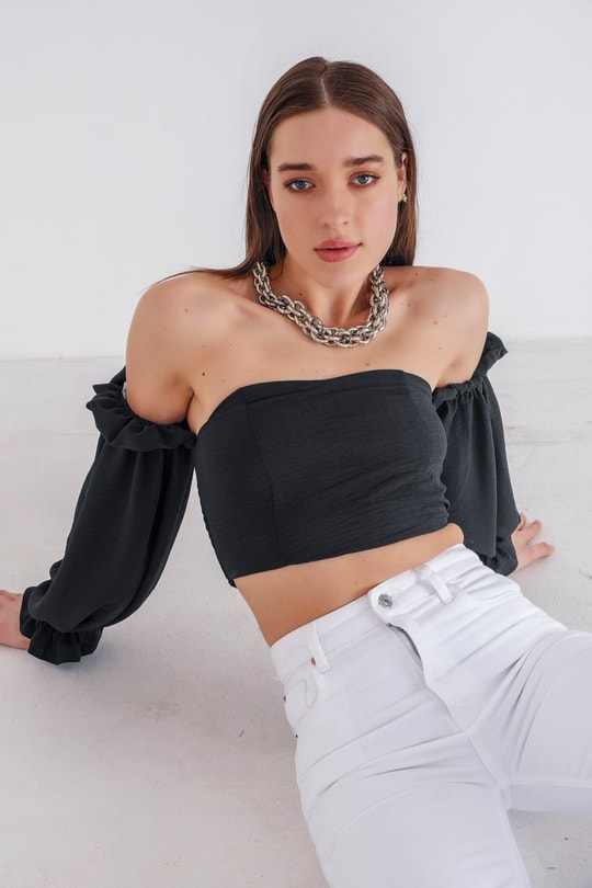 Carmen Yaka Crop Bluz Siyah