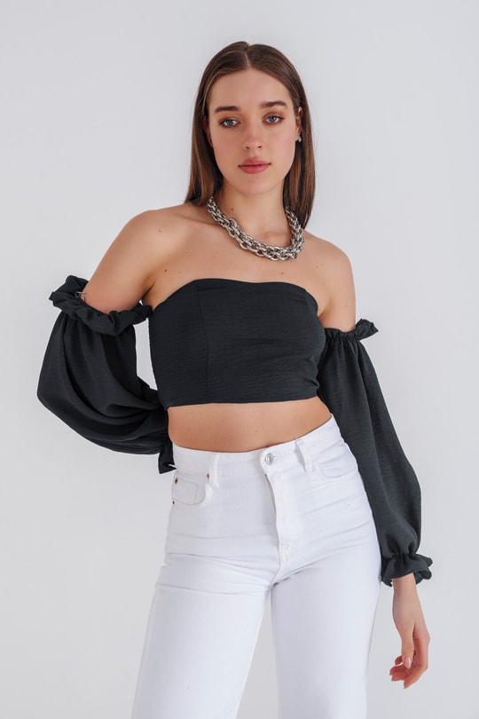 Carmen Yaka Crop Bluz Siyah