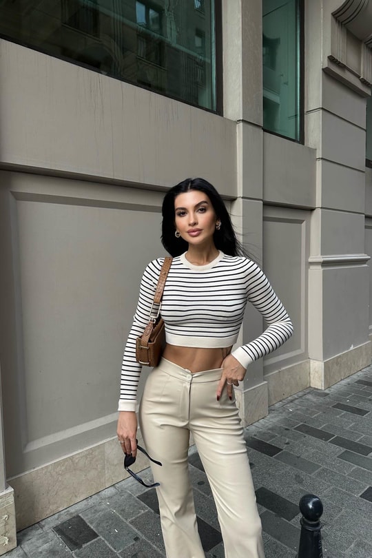 Çelik Örme Çizgili Triko Krem