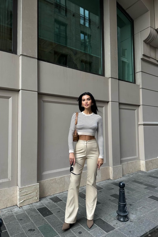 Çelik Örme Çizgili Triko Krem