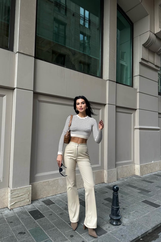 Çelik Örme Çizgili Triko Krem