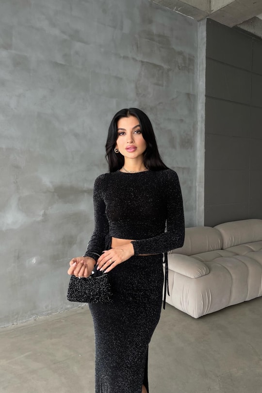Çift Büzgu Simli Bluz Siyah