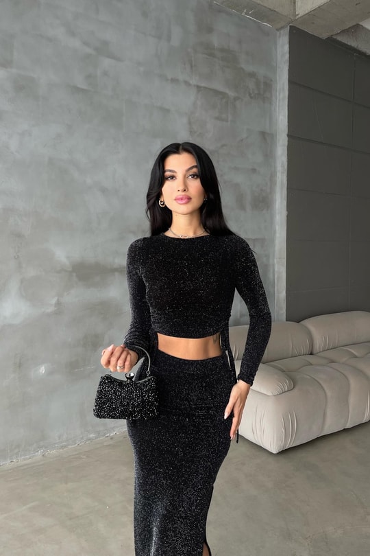 Çift Büzgu Simli Bluz Siyah