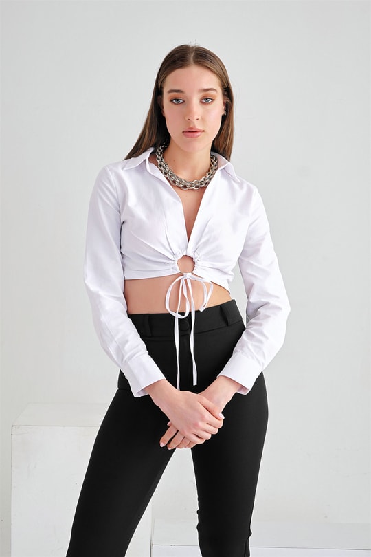 Circle Büzgülü Crop Bluz Beyaz