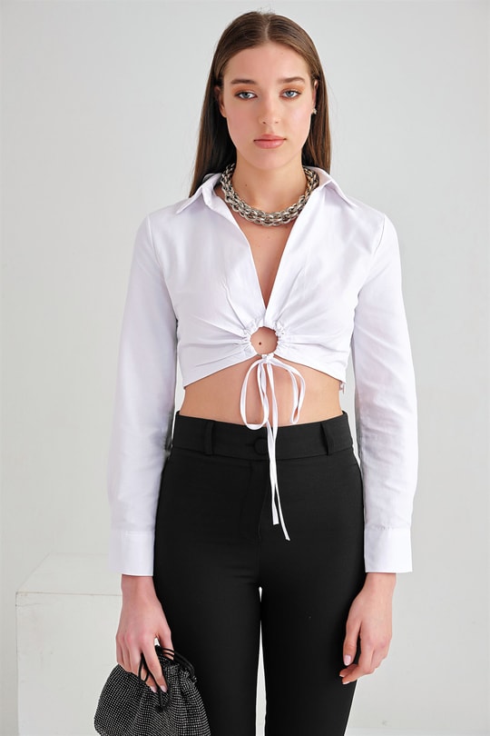 Circle Büzgülü Crop Bluz Beyaz