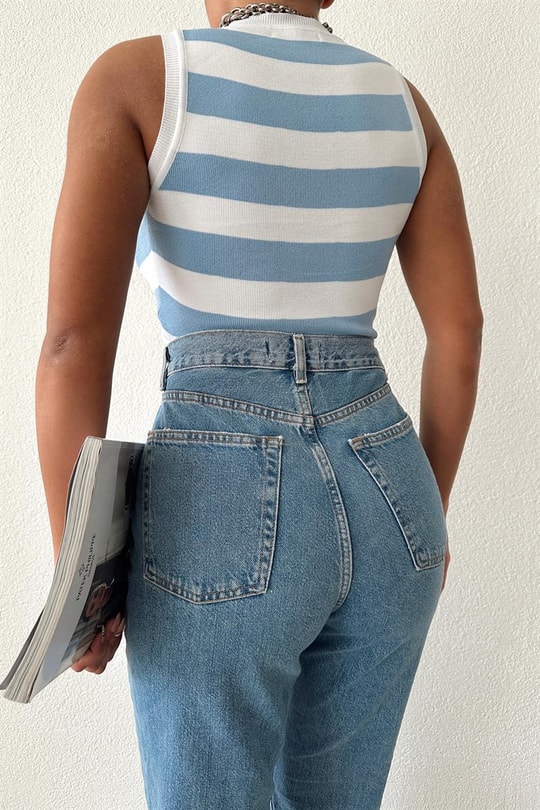 Çizgili Halter Yaka Atlet Mavi