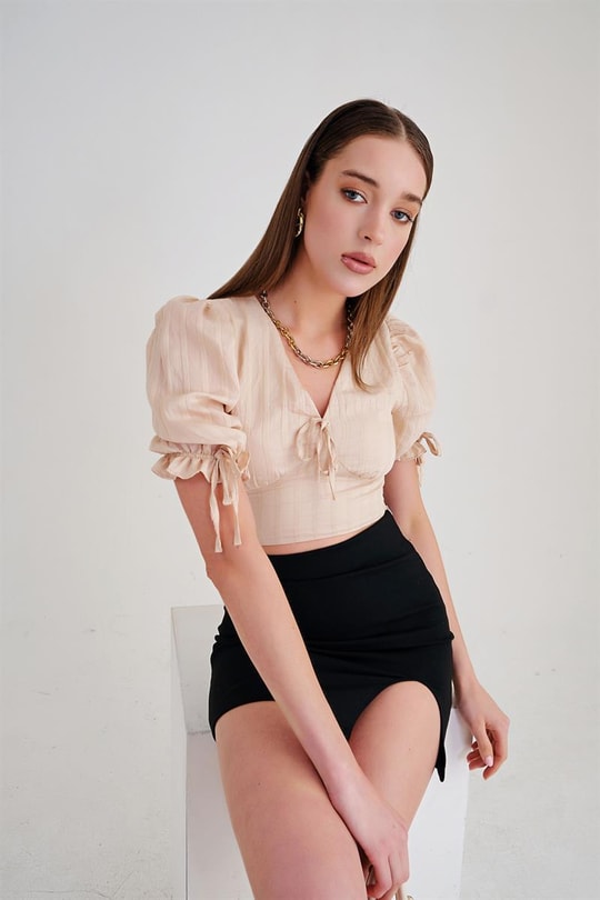 Çizgili Valeria Crop Bluz Taş