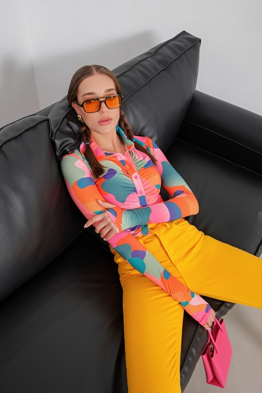 Çok Renkli Büzgülü Bluz Pembe