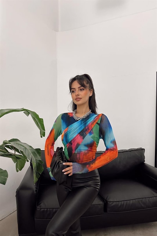 Colorful Drape Detay Bluz Çok Renkli