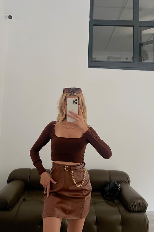 Crop Kare Yaka Bluz Acı Kahve