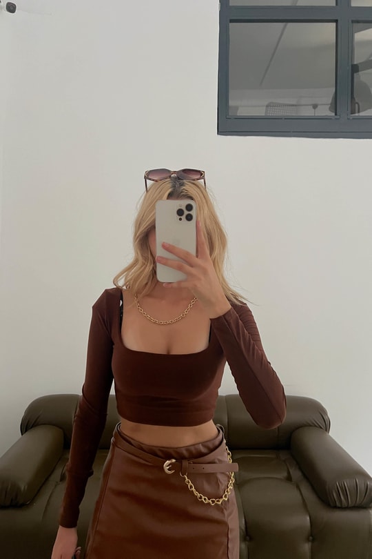 Crop Kare Yaka Bluz Acı Kahve