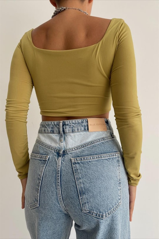 Crop Kare Yaka Bluz Yağ Yeşili
