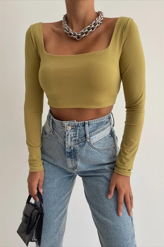 Crop Kare Yaka Bluz Yağ Yeşili