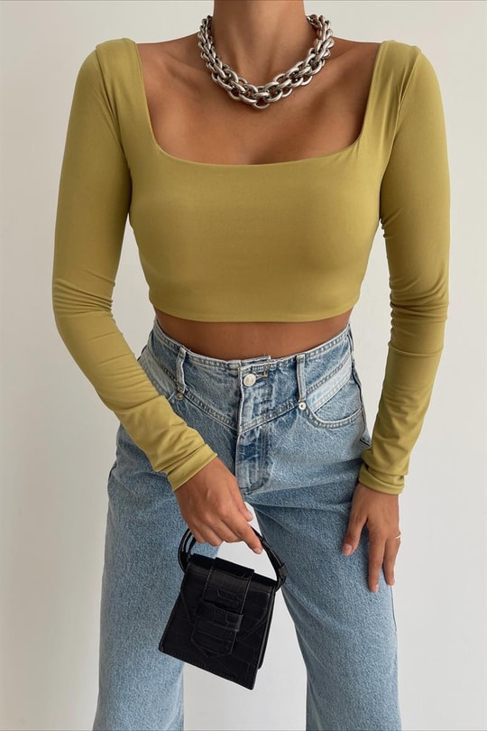 Crop Kare Yaka Bluz Yağ Yeşili