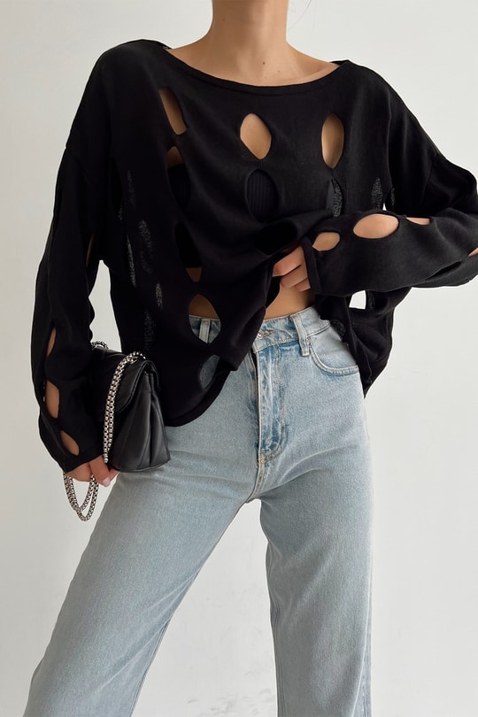 Damla Detaylı Bluz Siyah