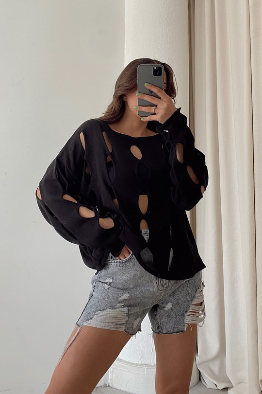 Damla Detaylı Bluz Siyah