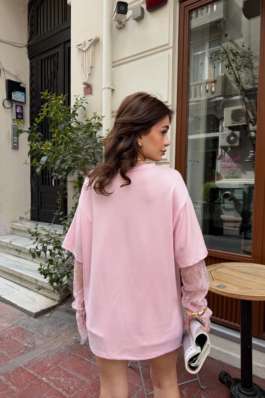 Dantel Kollu Bluz Pembe