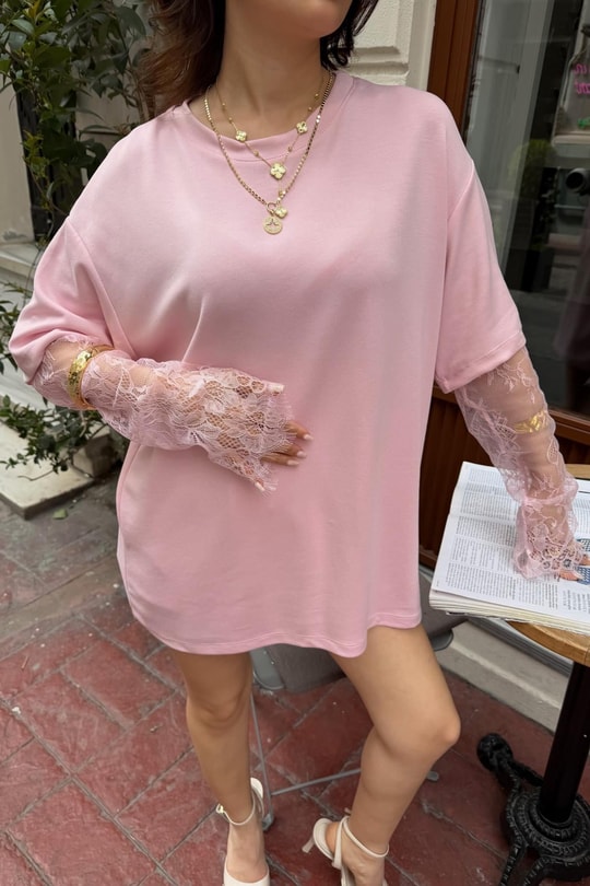 Dantel Kollu Bluz Pembe