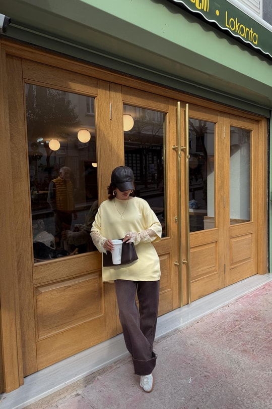 Dantel Kollu Bluz Sarı