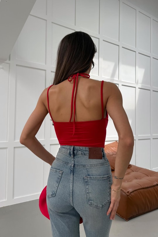 Dantel Yaka Çıtçıtlı Bodysuit Kırmızı