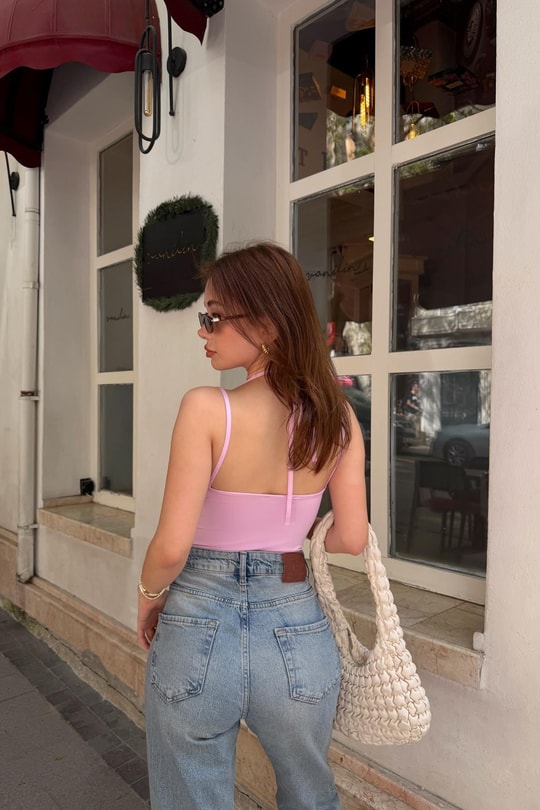 Dantel Yaka Çıtçıtlı Bodysuit Pembe