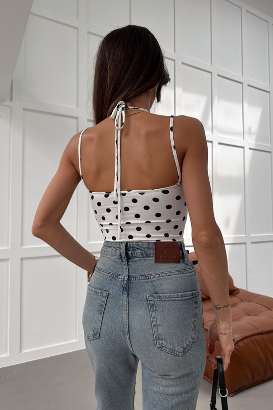 Dantel Yaka Puantiyeli Bodysuit Beyaz