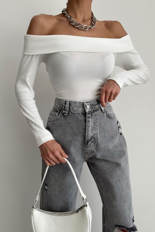 Degaje Yaka Basic Bluz Ekru