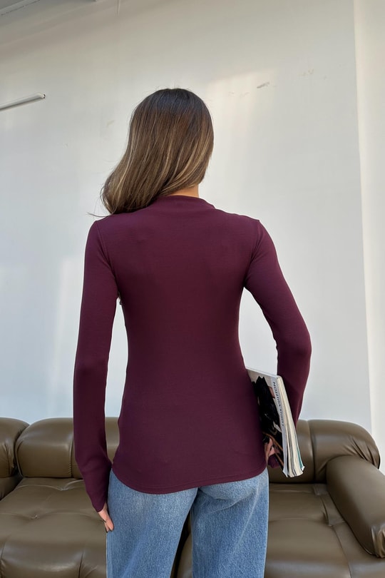 Dik Yaka Basic Bluz Bordo
