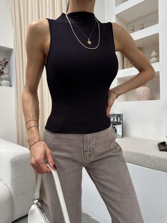 Dik Yaka Basic Kolsuz Bluz Acı Kahve