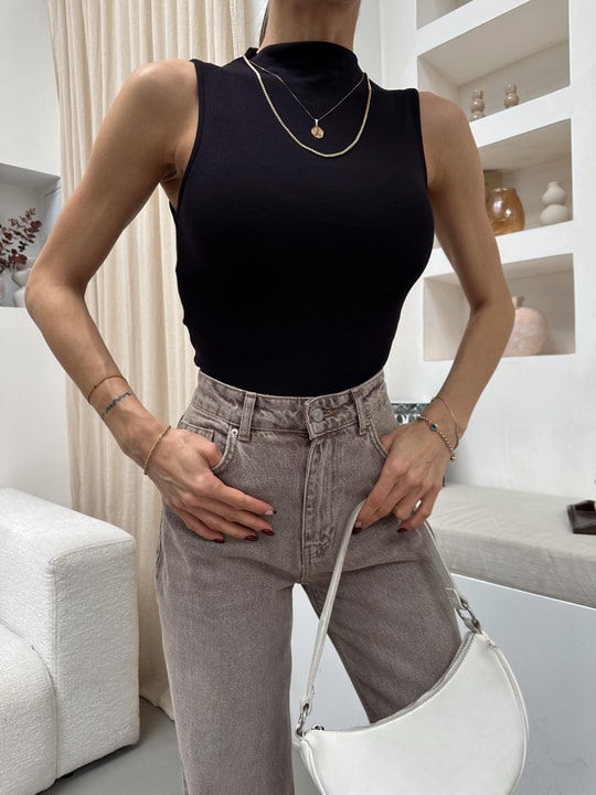 Dik Yaka Basic Kolsuz Bluz Acı Kahve