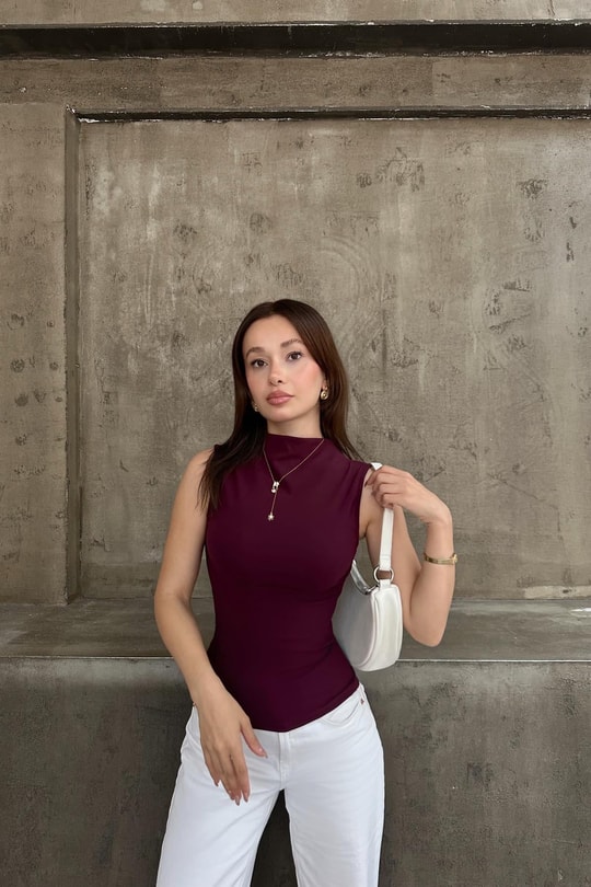 Dik Yaka Basic Kolsuz Bluz Mor