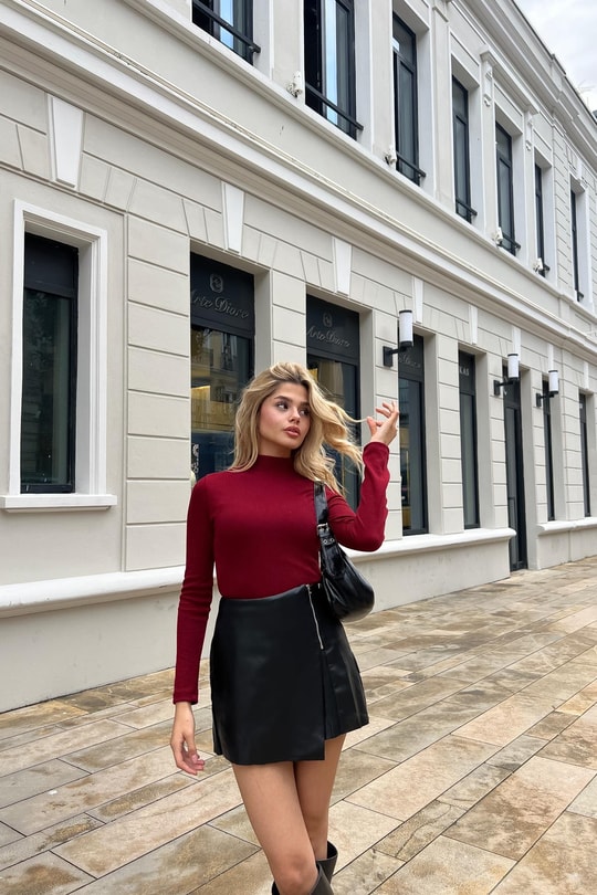 Dik Yaka Crop Fitilli Bluz Bordo