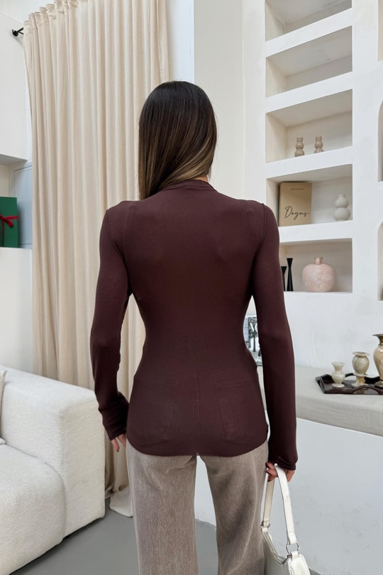 Dikiş Detaylı Kaşmir  Bluz Kahve