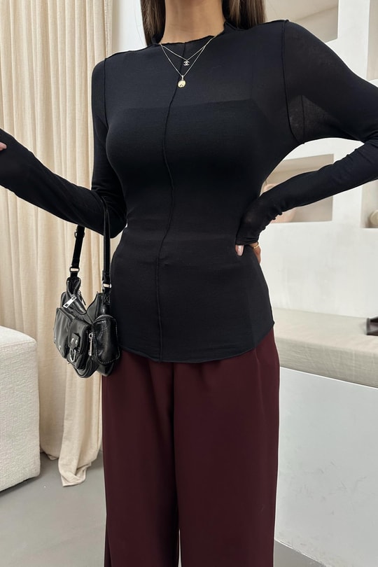 Dikiş Detaylı Kaşmir  Bluz Siyah