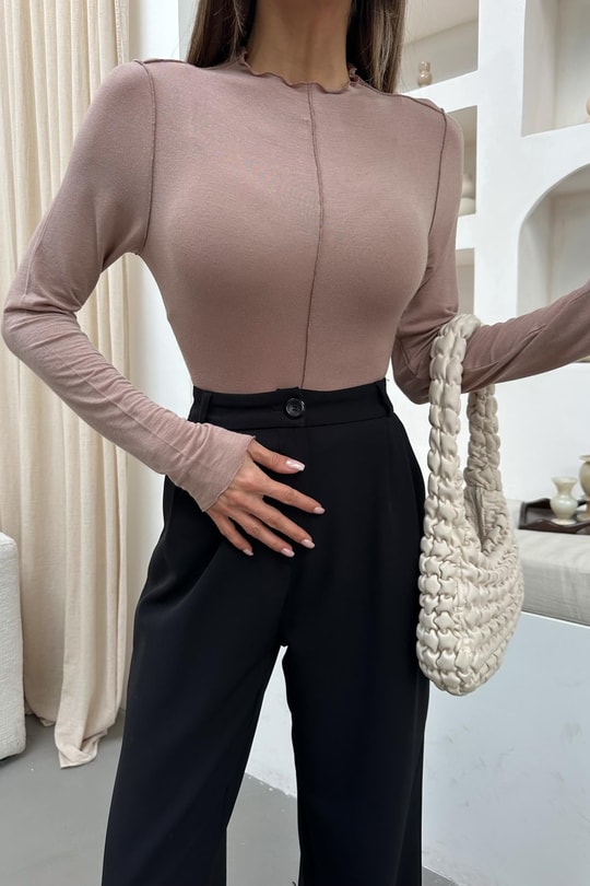 Dikiş Detaylı Kaşmir  Bluz Vizon