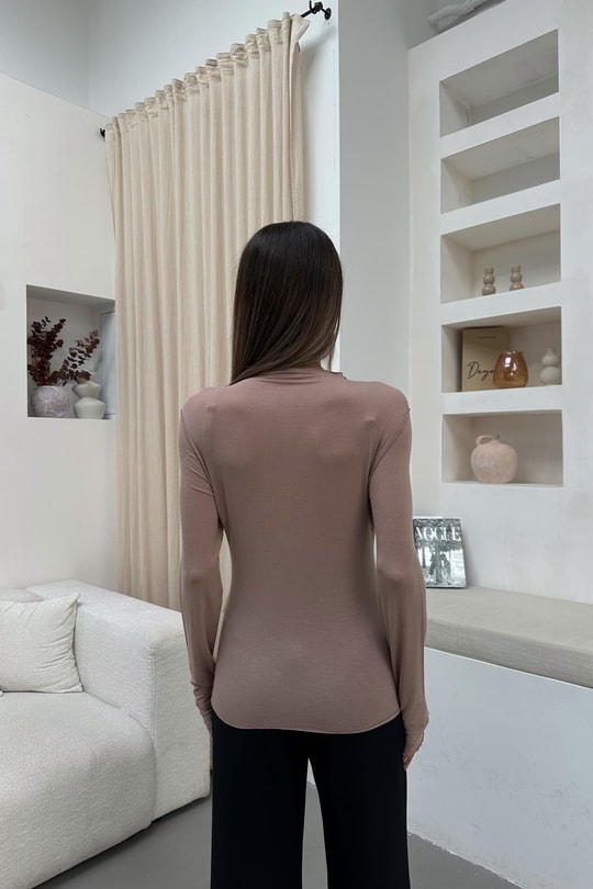 Dikiş Detaylı Kaşmir  Bluz Vizon