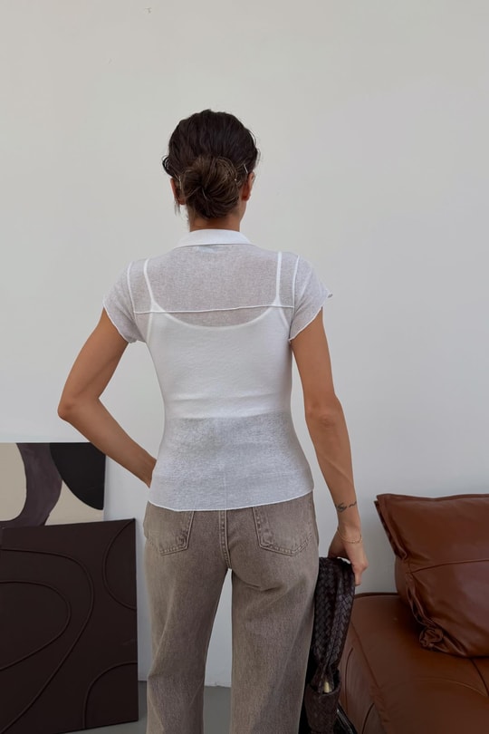 Dikiş Detaylı Polo Yaka Bluz Beyaz